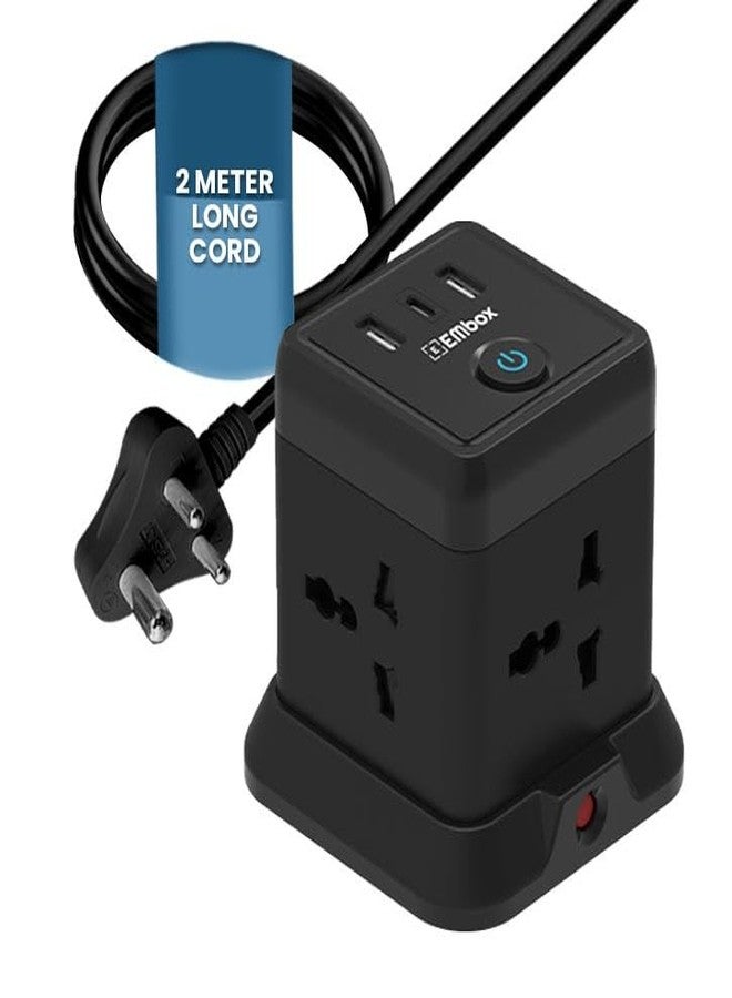 EMBOX لوحة تمديد EMBOX Cube مزودة بمنفذ USB من النوع C (2.4 أمبير) (شحن سريع 3.0) | لوحة تمديد بقدرة 2500 واط مزودة بمفاتيح | سلك تمديد مزود بمقابس عالمية، وغطاء أمان، وحماية من الحمل الزائد، بطول مترين - Image 1